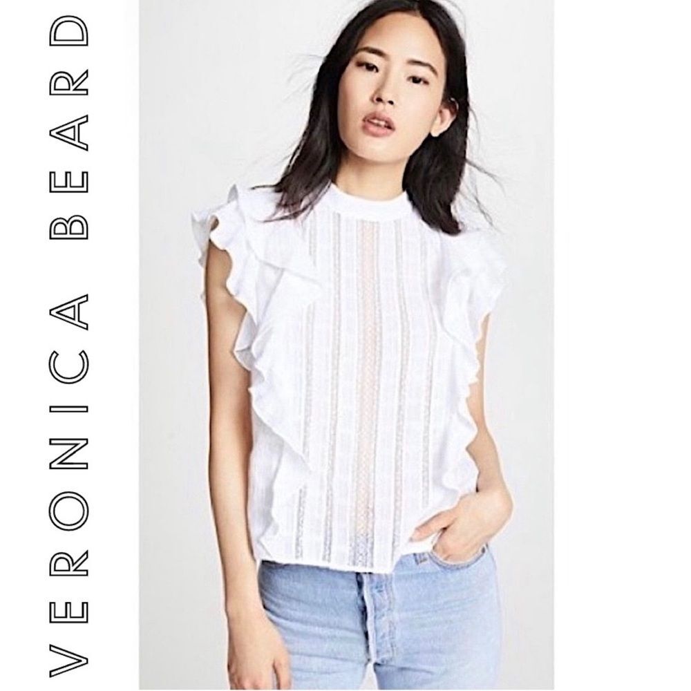 Veronica Beard Sol Lace Inset Ruffle Sleeveless Lace Crochet White Top Blouse 2